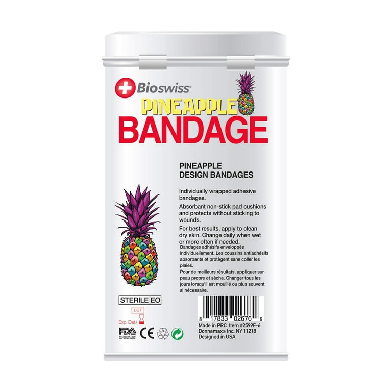  BioSwiss Bandages, Pineapple Shaped Self Adhesive Bandages,  Latex Free Sterile Wound Care, Fun First Aid Kit Supplies for Kids, 24  Count : Health & Household