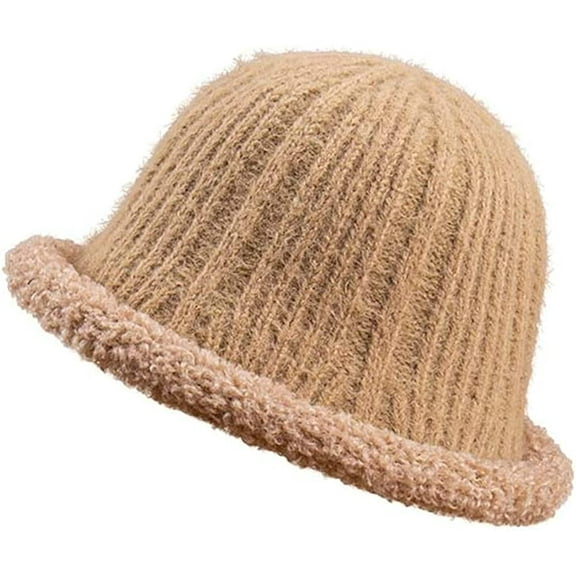 CoCopeaunt Women Knit Bucket Hat Trendy Fluffy Winter Cozy Wool Plush Girls Students Domed Fisherman Cap