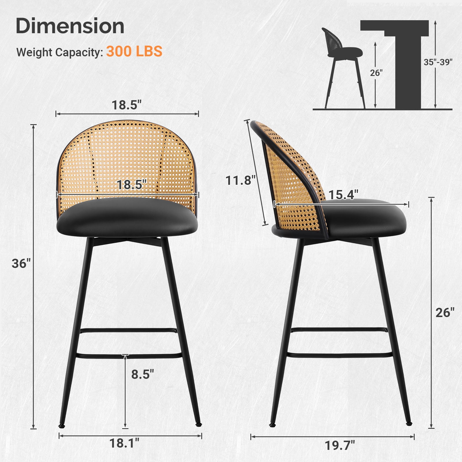ANMINY Rattan Swivel Bar Stools, 26" Counter Height Set of 2, Upholstered Chairs Barstools with Full Back and Metal Legs Modern PU Fabric Seat for Kitchen Island