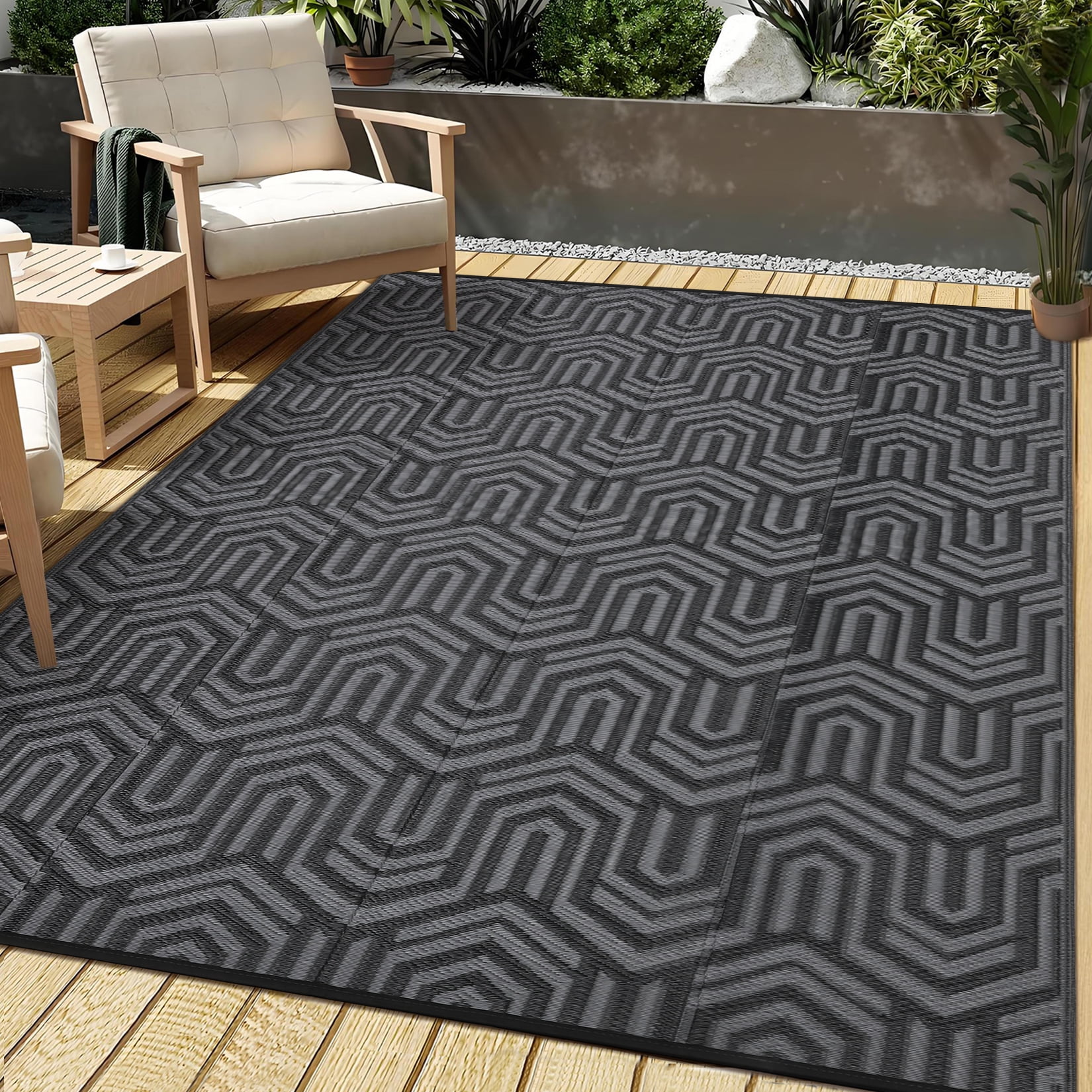 Garvee Waterproof Outdoor Rug 8x10ft Reversible Patio Rug, Plastic Straw Rug RV Camping Rug for Deck Balcony Porch Picnic Backyard, Black Gray