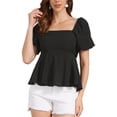 thumbnail image 1 of INSPIRAR CHIC Mariposa con lazo trasero para blusa de manga abullonada de mujer, cuello cuadrado casual, blusa peplum M negra, 1 of 6