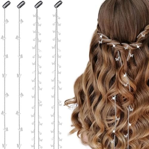 4 count Butterfly Tassel Hair Clips, Hair Chain, Rhinestones Hair for Braids, Tassel Hair Accessories for Girls Women
