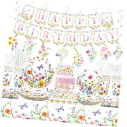 SKYSONIC Wildflower Themed Birthday Party Decor - Floral Party Essentials, Including Plates, Cups, Napkins, Tablecloth, Birthday Banner, Cake Toppers, and Hanging Decorations for Spring, Summer,