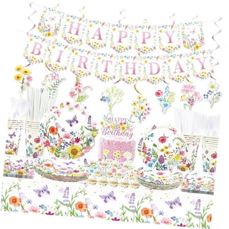 SKYSONIC Wildflower Themed Birthday Party Decor - Floral Party Essentials, Including Plates, Cups, Napkins, Tablecloth, Birthday Banner, Cake Toppers, and Hanging Decorations for Spring, Summer,