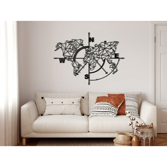 DEKADRON Metal Wall Decor, World Map Compass, Home Living Room Decor, Wall Sign, Metal Wall Art, Interior Decoration, Indoor Outdoor Hangings (* 39" W x 30" H / 98x75cm)
