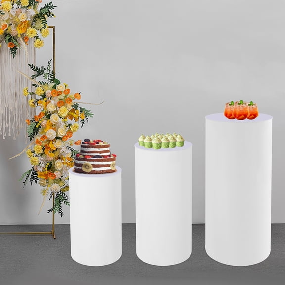 3-Piece Cylinder Pedestal Stand Set, White Acrylic & PVC Cake Display Stand for Wedding
