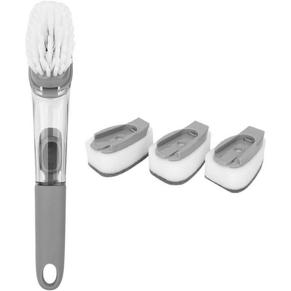RUseeN Soap Dispensing Dish Brush, Soap Control Dishwand with 3 Sponge Heads, 1 Nylon Brush Heads, 1 Handle Non-Scratch Brush Scrubber for Kitchen Dishes Pots Pans Sink Cleaning