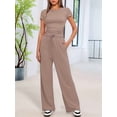 thumbnail image 4 of Women'S 2 Piece Lounge Sets Ruched Short Sleeve Tops High Waisted Wide Leg Pants Sets Camel Color L, 4 of 7