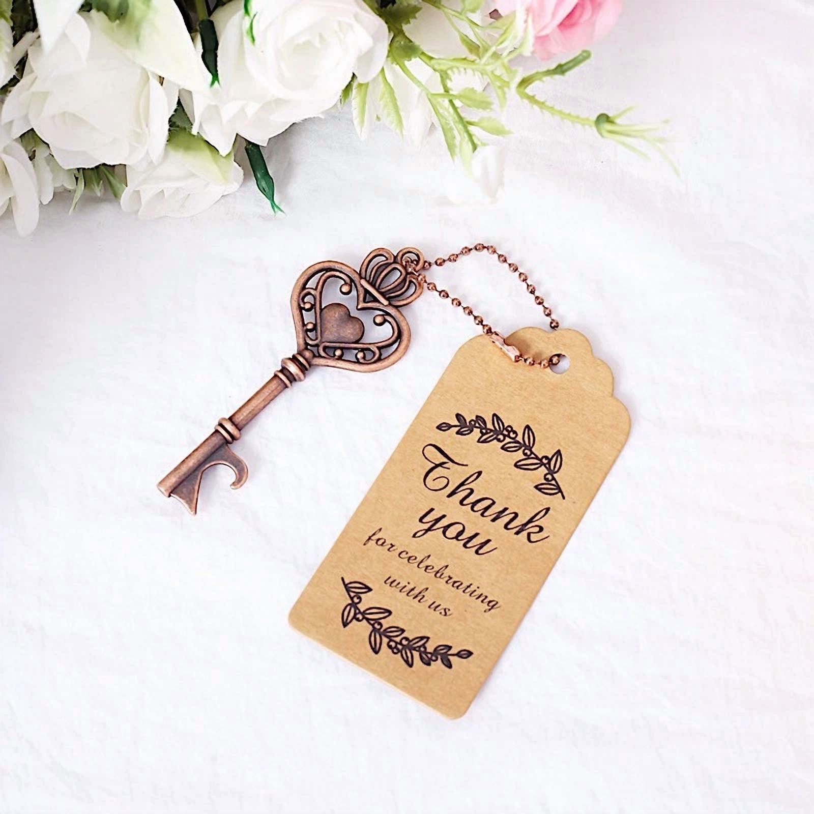 10 Antique Gold Metal Skeleton Key Bottle Openers Chains Tags Gift Set Party
