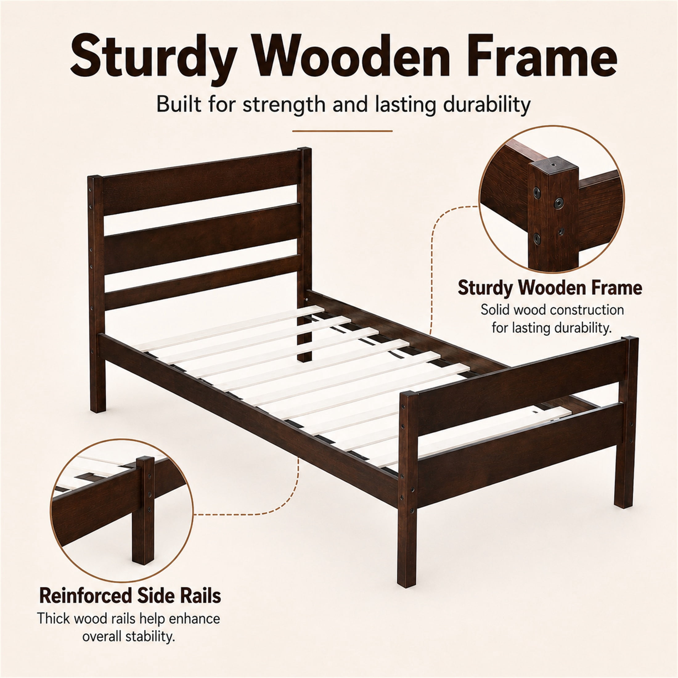 SESSLIFE Twin Bed Frame, Solid Wood Twin Platform Bed Frame with Headboard & Footboard, No Box Spring Needed with 250LBS, Easy Assembly, Espresso
