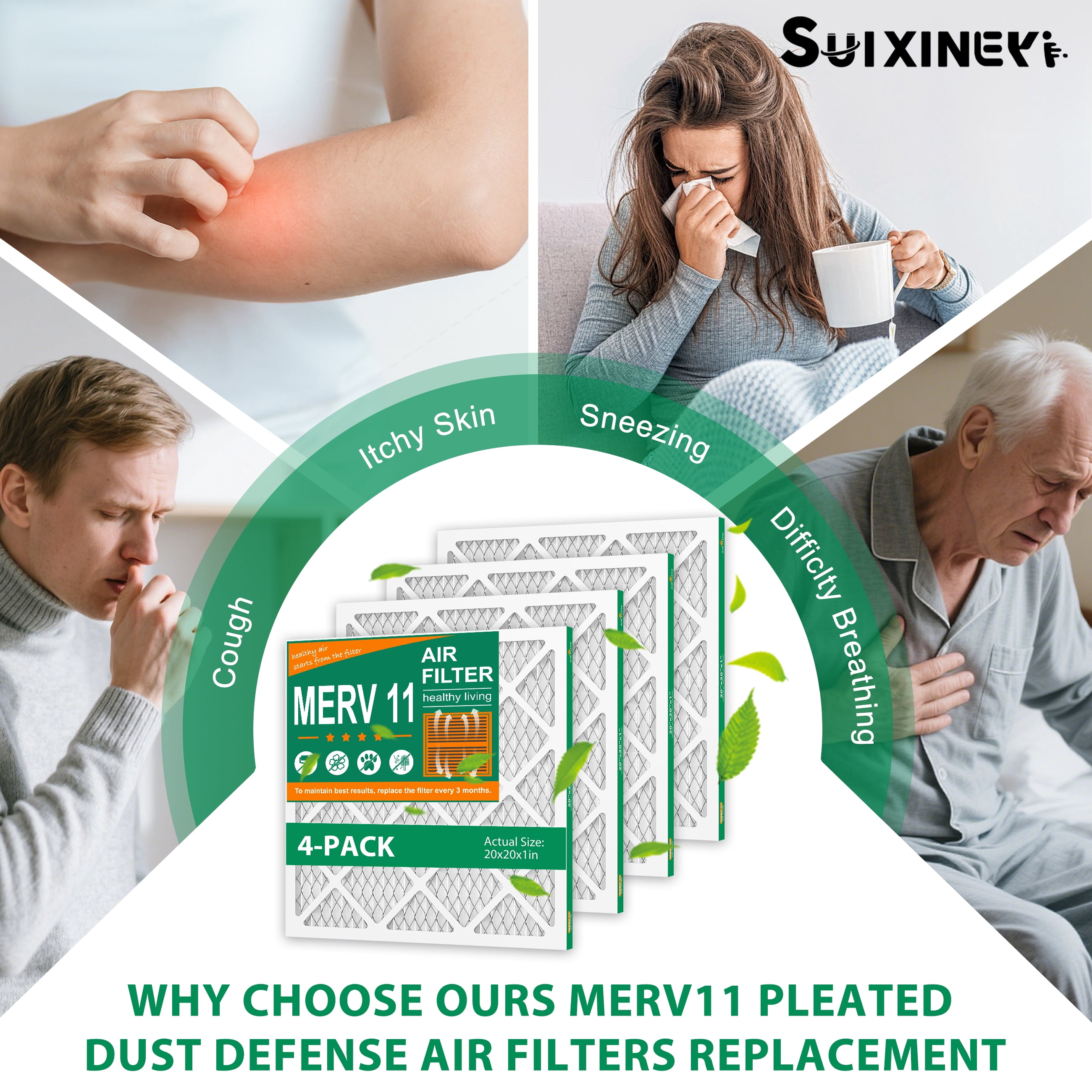 SUIXINEYI AC Filters 20X20X1 Furnace Air Filter, Pleated HVAC Air Filter MERV 11 MPR 1000, Allergen Defense,4 Filters