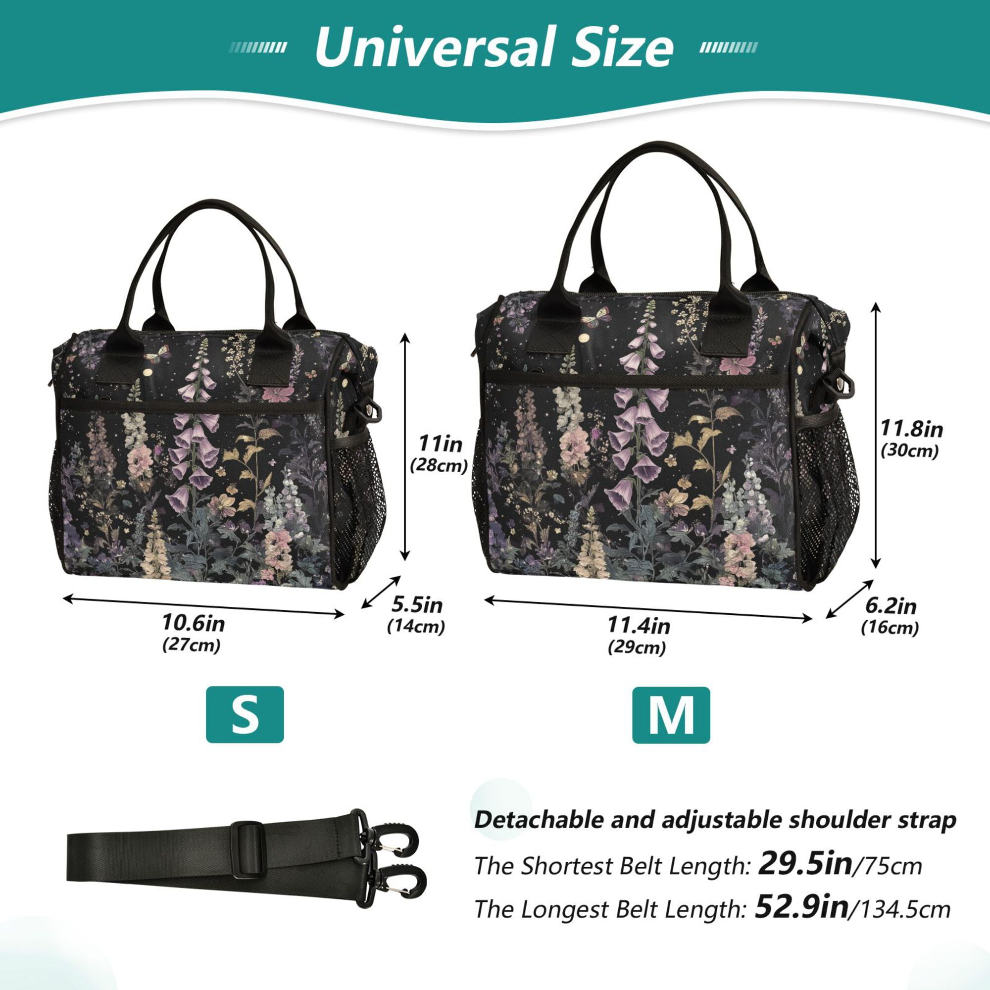 FORMRS Insulated Lunch Bag Unisex Large Capacity with Shoulder Strap, Dark Flowers Pattern
