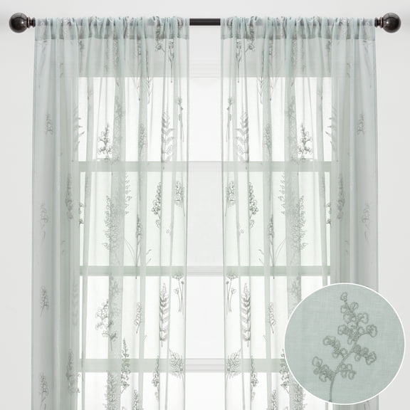 Chanasya Embroidered Sage Green Sheer Curtain 2 Panels Set - Botanical Floral Leaf Pattern Textured Drapes with Rod Pocket - for Bedroom Kitchen Window Door Patio 63 Inch Length Curtain - Dusty Green