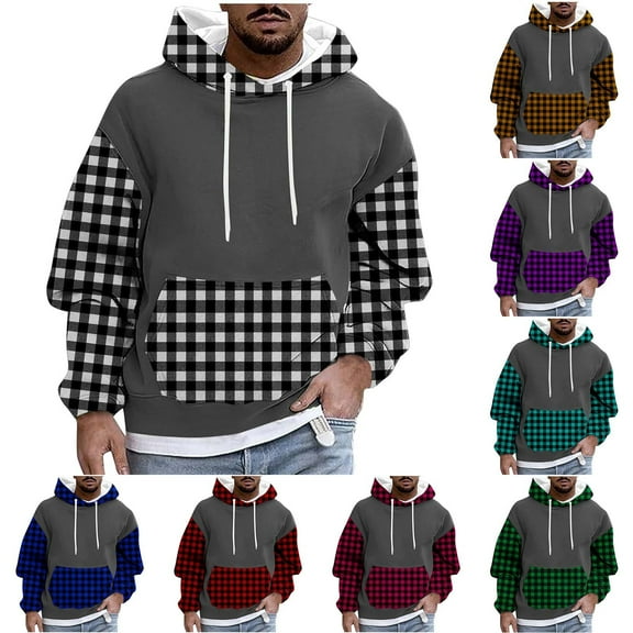 Momasggi Men's Big and Tall Hoodies Plaid Color Block Pullover Tops Loose Fit Long Sleeve Drop Shoulder Sweatshirt Casual Drawstring Hooded Sweatshirts with Pockets Purple 4XL