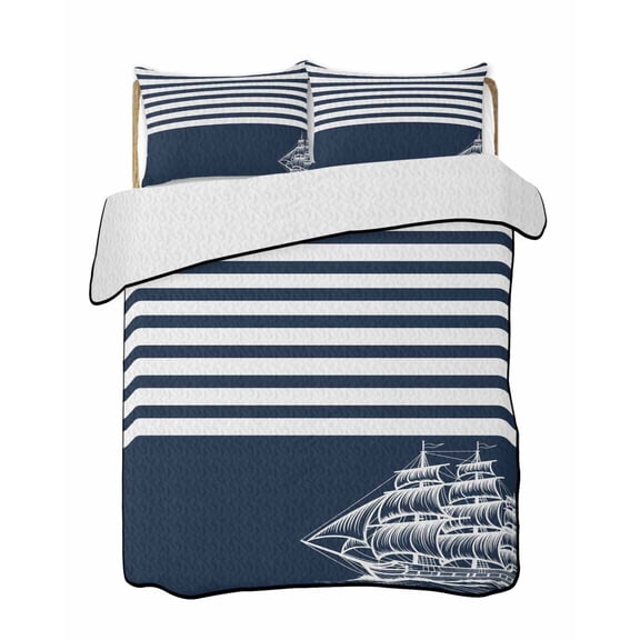 Quilts Queen Size Bedding Set, Navy Blue Reversible Summer Quilt 3 Pieces, Nautical Coastal Sea Abstract Art Lightweight Bedspreads Coverlets with 2 Pillow Shams for All Seasons