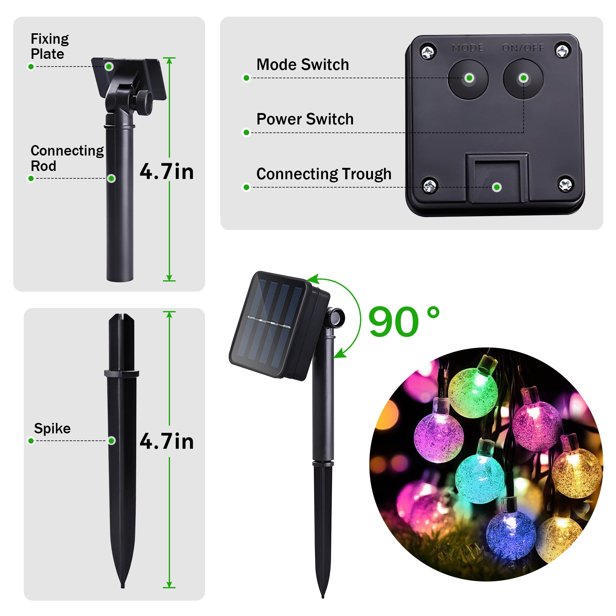 Phopollo Solar Outdoor String Lights，78Ft Multicolor 200 LED Bulbs Crystal Globe Lights,IP65 Waterproof, 8 Lighting Modes，Solar Powered Patio Lights for Garden Yard Porch Wedding Party Decor.