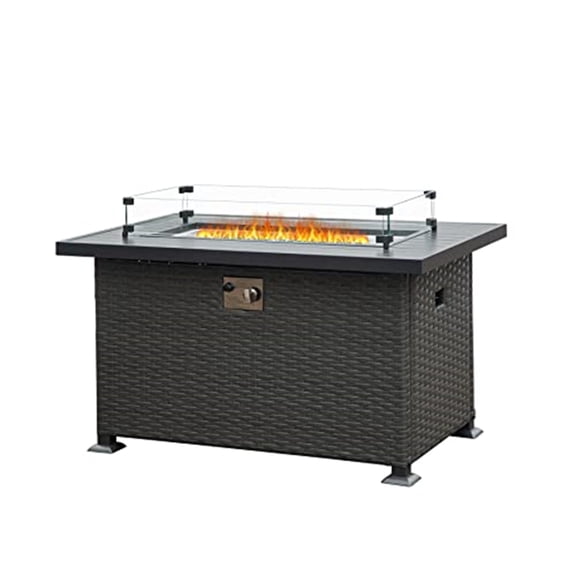 Miekor Furniture 43.3 Inch Fire Pit Table with Glass Wind Guard, 50,000 BTU Smokeless Fire Pits for Outside with Aluminum Tabletop, Outdoor Wicker Gas Fire Pits for Patio B5A1739