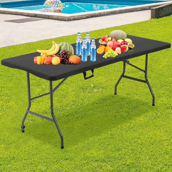 6ft Folding Table Portable Picnic Table, Lightweigh Folding Plastic Table with Handle and Steel Legs Utility Table Dining Lock for Work,Picnic,Party,Camping,Black