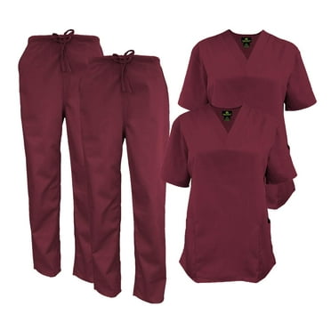 M&M SCRUBS Women Scrub Set V-Neck Medical Scrub Tops and Drawstring Pants - Pack of 2 Set (Burgundy, 4X-Large)
