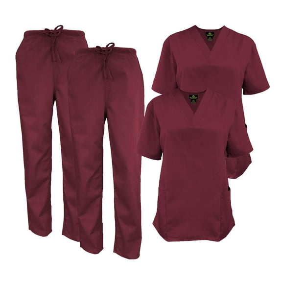 M&M SCRUBS Women Scrub Set V-Neck Medical Scrub Tops and Drawstring Pants - Pack of 2 Set (Burgundy, XX-Small)