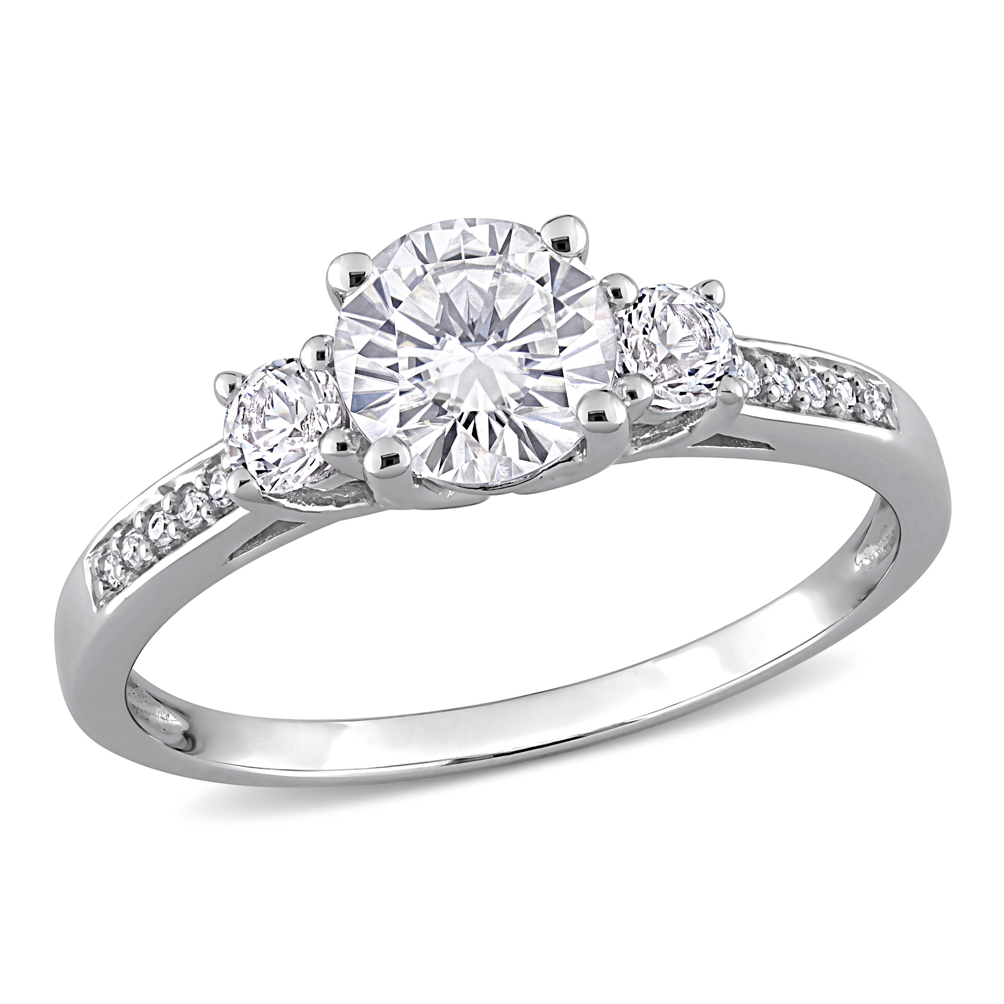 Everly Women's Engagement Anniversary Bridal 1 1/3 CT. Round Created White Sapphire Round-Cut Diamond Accent (G-H, I2-I3) 10kt White Gold 3-Stone Ring with 4 Prong/Pave Setting & Shoulder Diamonds - image 3 of 10