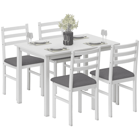 Small Kitchen Table Set for 4 Farmhouse Dining Set with Upholstered Chairs Rubber Wood Legs White Dining Table