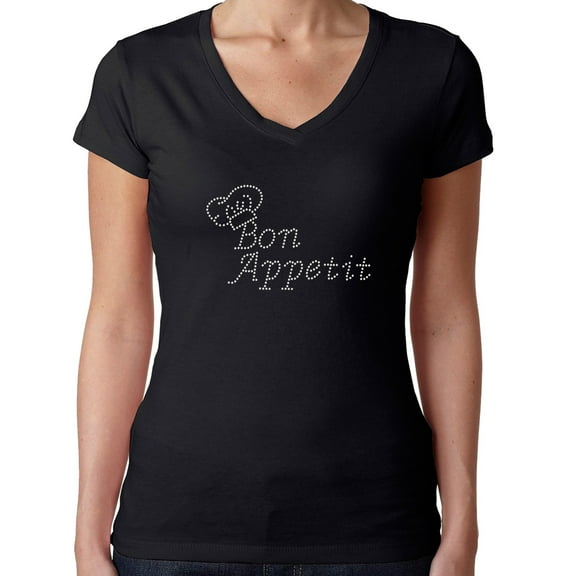 Womens T-Shirt Rhinestone Bling Black Tee Bon Appetit Chef Hat V-Neck XX-Large