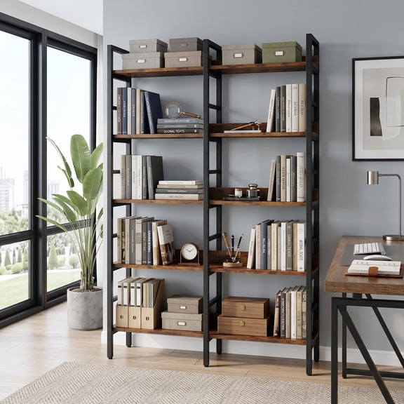 Fnova 5-Tier Industrial Bookshelf, 71" Etagere Wide Bookcase for Storage and Display, Wood and Metal Modern Tall Bookcase Furniture, Rustic Brown