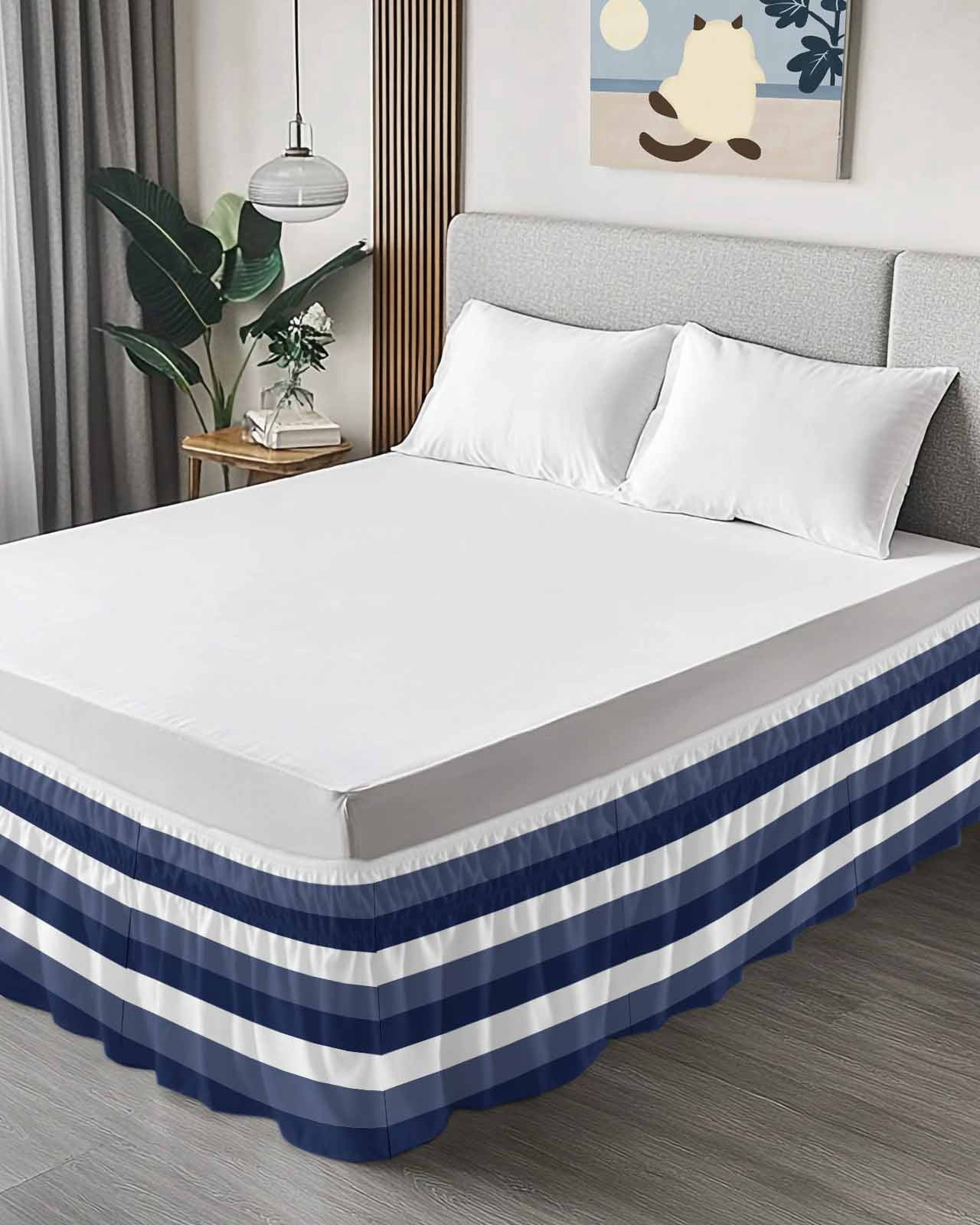 Navy Blue White Striped Wrap Around Bed Skirts for King Bed 18" Drop, Bed Skirt with Adjustable Elastic Belt Dust Ruffle Bed Valance for Bedroom Hotel Luxury Farmhouse Stripes Bed Frame Cover