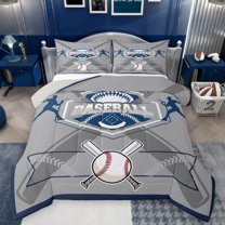 Feelyou Baseball Player Kids Queen Comforter Set, Modern Ball Game Sport Bedding Sets, Grey Blue Cartoon Theme Reversible Bedding Comforter Set, Ultra Soft Bedroom Decor, 3pcs