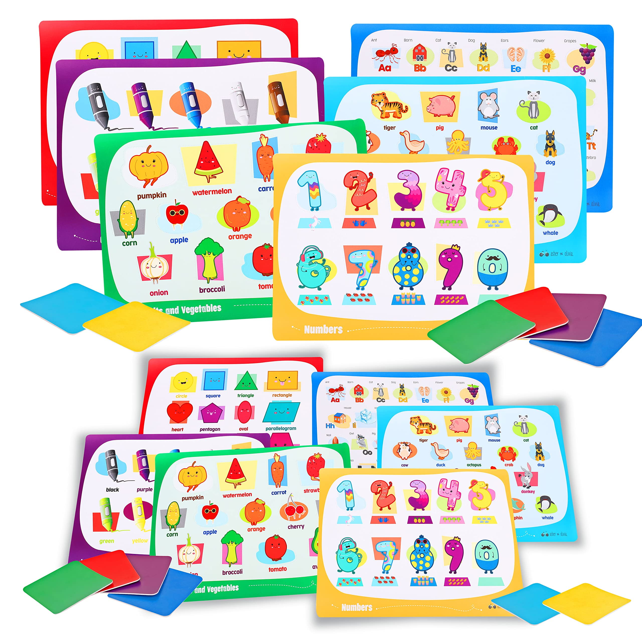 lijn Zorg Herziening Kids Placemats for Dining Table Kit, Include 6 Educational Table Mats 16.5"  x 12" and 6 Coasters for Drinks 4"x4", Learning Non Slip Washable Fun Mat,  for Toddler Baby Boys Girls -