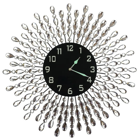 Lulu Decor, 23.5" Crystal Drop Metal Wall Clock, Black Glass Dial 9.50" with Arabic Numerals, Great Clock for Living Room & Bed Room