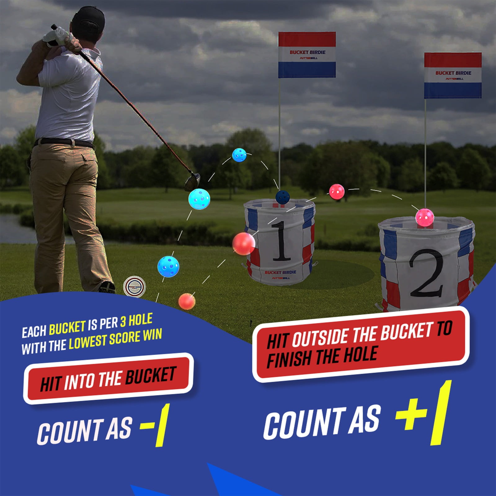 Bucket Birdie Backyard Golf Game Set, 9-Hole Pop-Up Target Buckets with Clubs, Balls, and Carrying Case