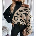 thumbnail image 5 of Women Casual Leopard Print Off Shoulder Turtle Neck Knit Pullover Loose Fit Long Sleeve Jumper Sweaters Tops Black S, 5 of 10