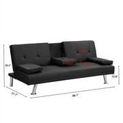 Modern Faux Leather Futon with Cupholders and Pillows, Black