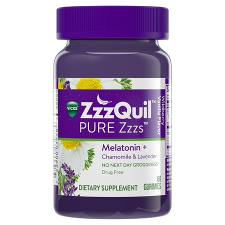 - Vicks ZzzQuil PURE Zzzs Melatonin Natural Flavor Sleep Aid Gummies with Chamomile, Lavender, & Valerian Root, 1mg per gummy, 60 Count
