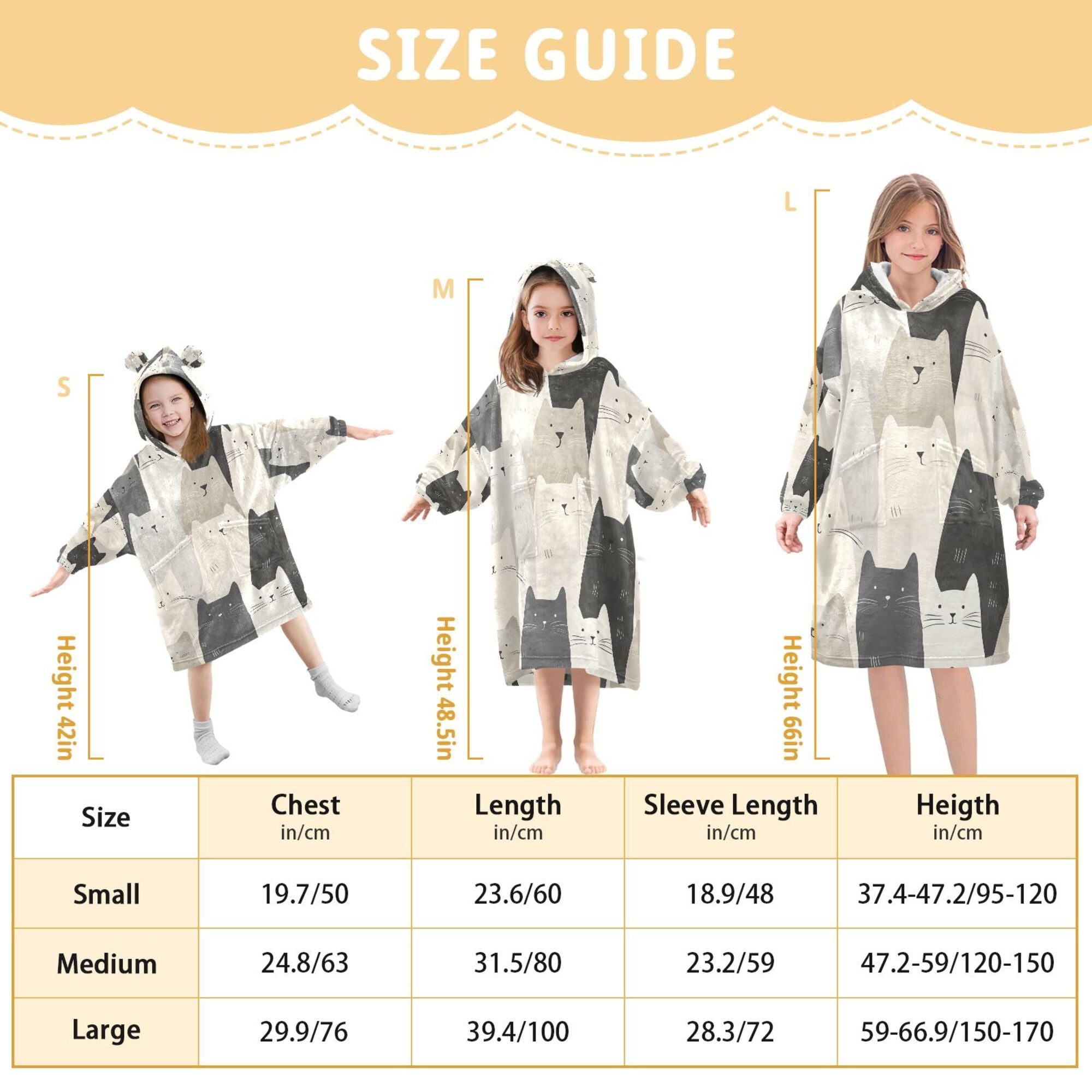 FORMRS Wearable Blanket Hoodie with Sleeves for Kids Cozy Flannel Sweatshirt, White Cute Cats