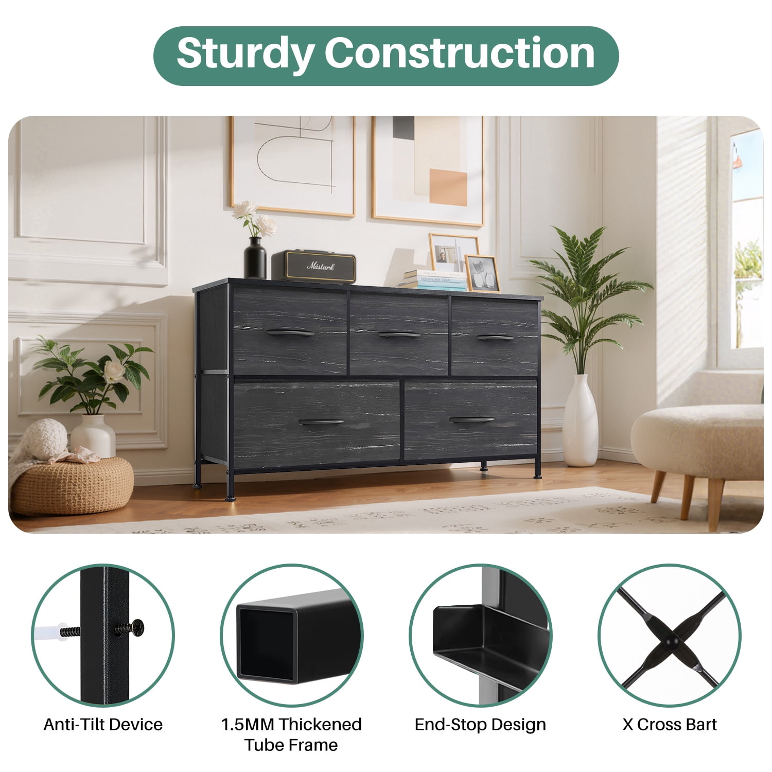 Beddle Dresser with 5 Fabric Drawers for Bedroom, Wide Storage Chest with Drawer Organizer for Closet or Living Room, Black