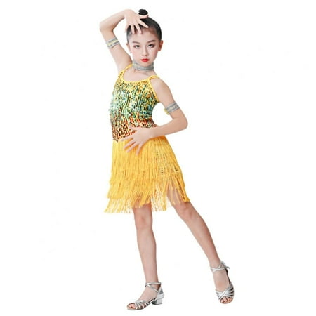 

Girl s Sequin Tassel Dress Latin Dance Skirt Costume Sparkling for Kids Ballet Tango Rumba Dancewear