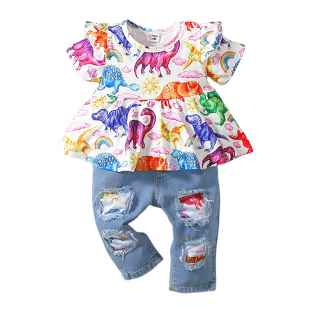 

PatPat Baby Girls Short Sleeve Shirt Dress and Ripped Jeans Outfit Set Allover Dinosaur Print Ruffle Top Blouse with Elastic Waistband Denim Pants Summer Infant Casual Clothes 3-24Month