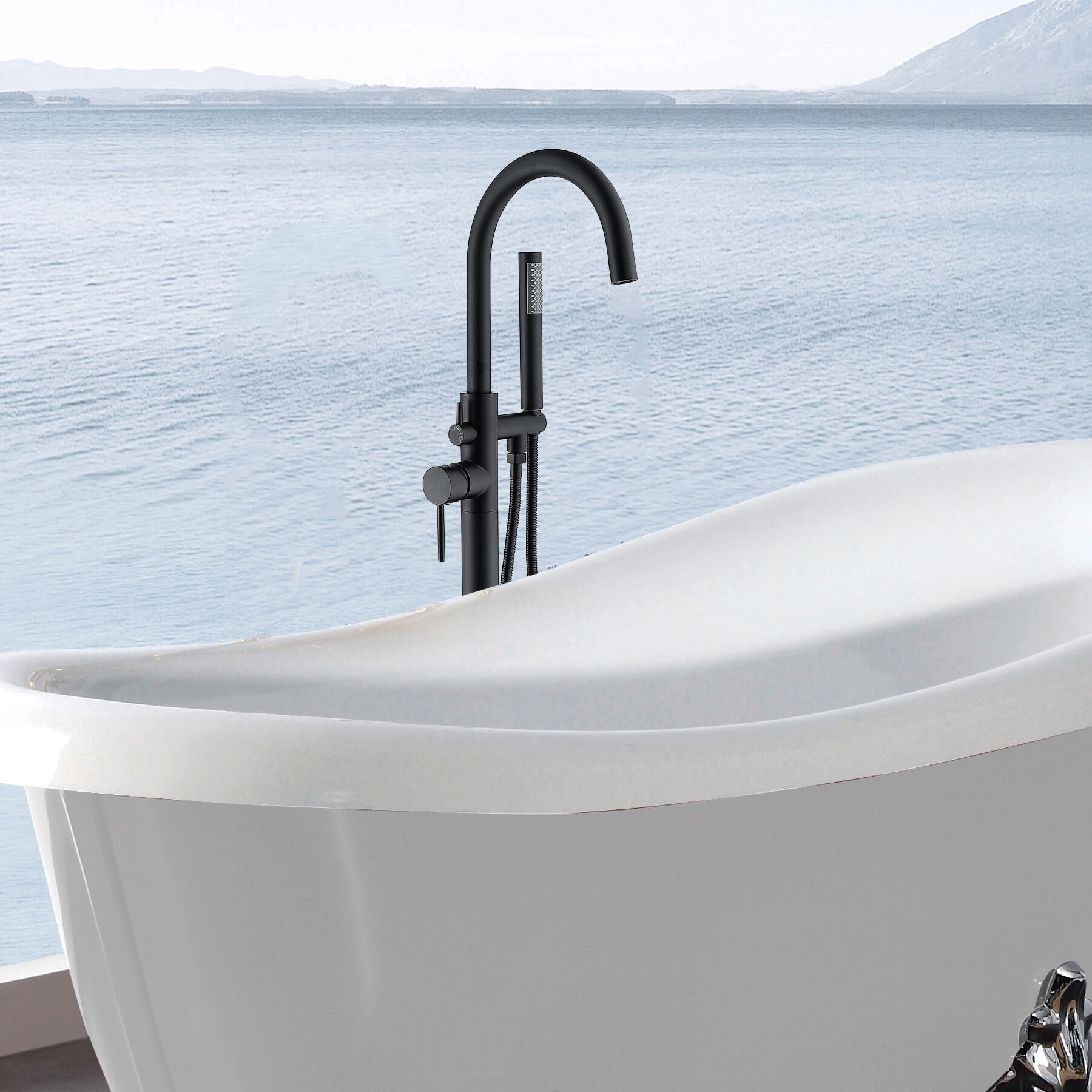 Freestanding Bathtub Faucet, Freestanding Bathtub Faucet with Hand Shower, Matte Black Freestanding Tub Filler,Metal Standalone Tub Faucet, Bath & Faucets Freestanding Tub Faucets