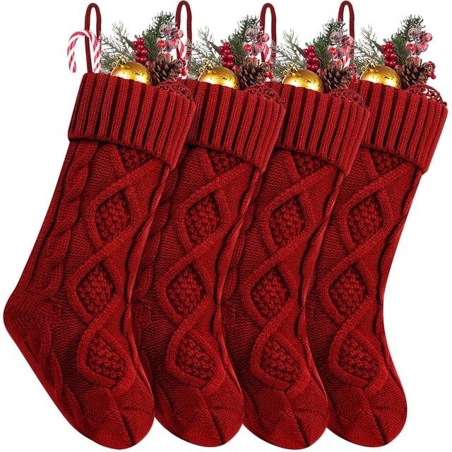 Medias navideñas Husfou de 45 cm (paquete de 4), grandes, tejidas con cable, para decorar fiestas familiares en interiores.