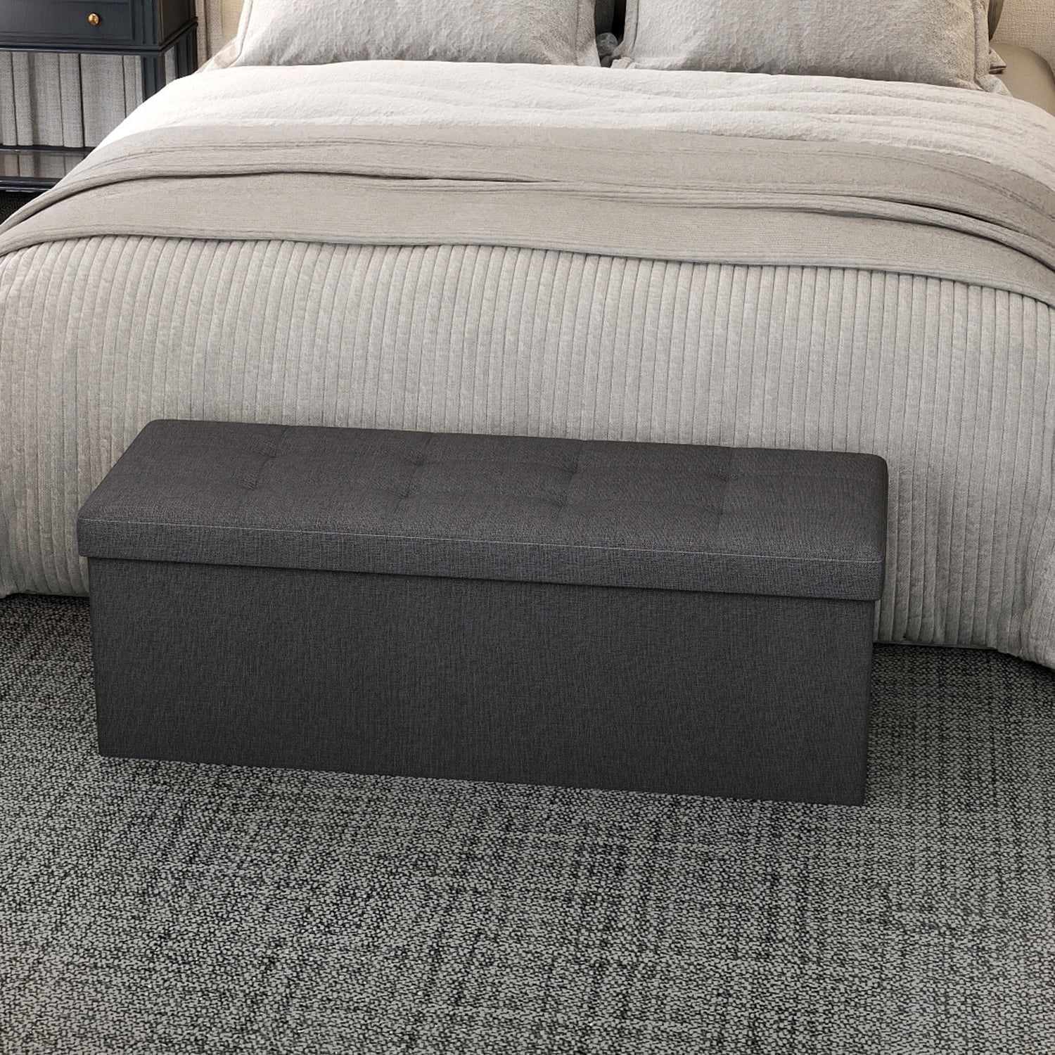 LEDREM 43" Foldable Storage Ottoman Bench with 660lb Capacity, Ottoman with Storage, Footrest, for Living Room, Bedroom, Ink Black