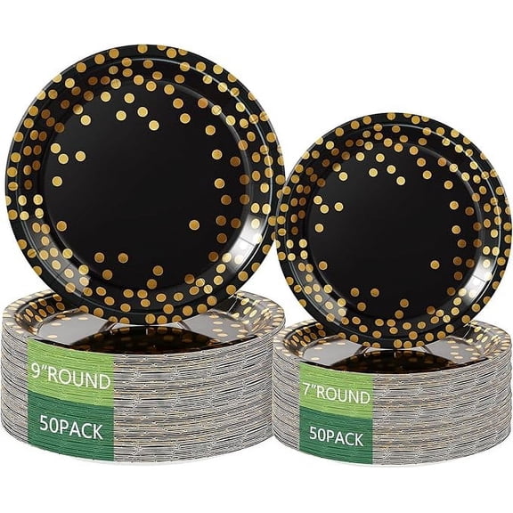 NAMZI 100 Pack Round Disposable Paper Plates, 50x9" 50x7" Dinner Plates, Golden Foil Polka Dots Design for Parties, Weddings & Daily Meals, Black and Gold Party Supplies