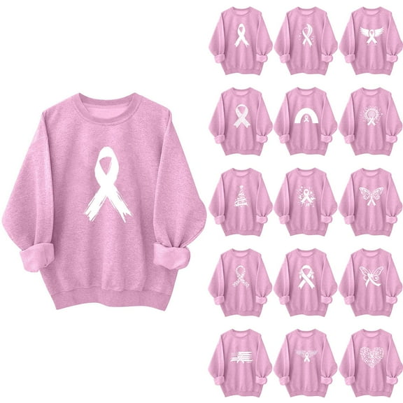 BiZtdJrK Women Breast Cancer Awareness Sweatshirts Pink Heart Ribbon Print Fight Support Long Sleeve Pullover Loose Fit Fall Sweatshirt Pink S