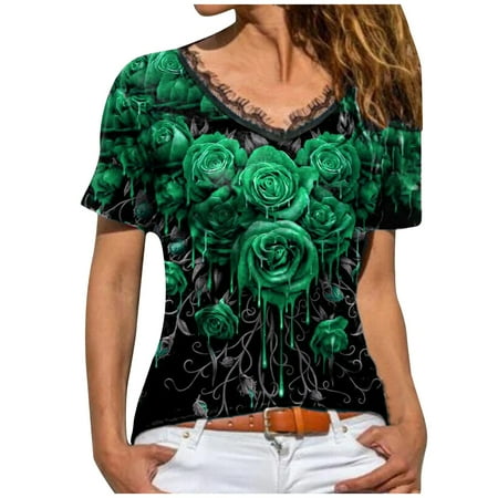 

Green Tops for Women Maternity Blouses Women s Print Short Sleeve Round Neck Pullover Casual T Shirt Top Fashion Loose Lace Shirts for Women Green M