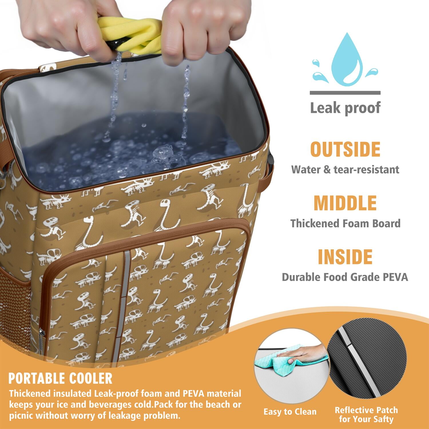 Travel Cooler Bag - Brown Cartoon Dinosaurs Fossils Pattern Camping Beer Cooler Backpack with Bottle Opener- Waterproof Insulated Picnic Backpacks - Cooler Bag for Beach