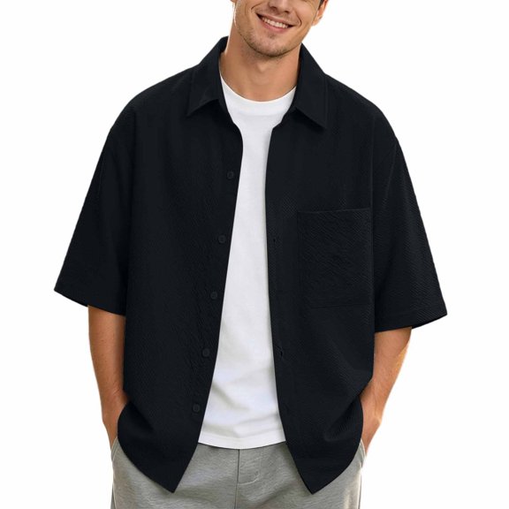 Tisuna Mens Button Down Shirts Short Sleeve Cotton Loose Fit Summer T-Shirts Mens Classic Collared Casual Shirts With Pocket For Everyday Wear Black Size L