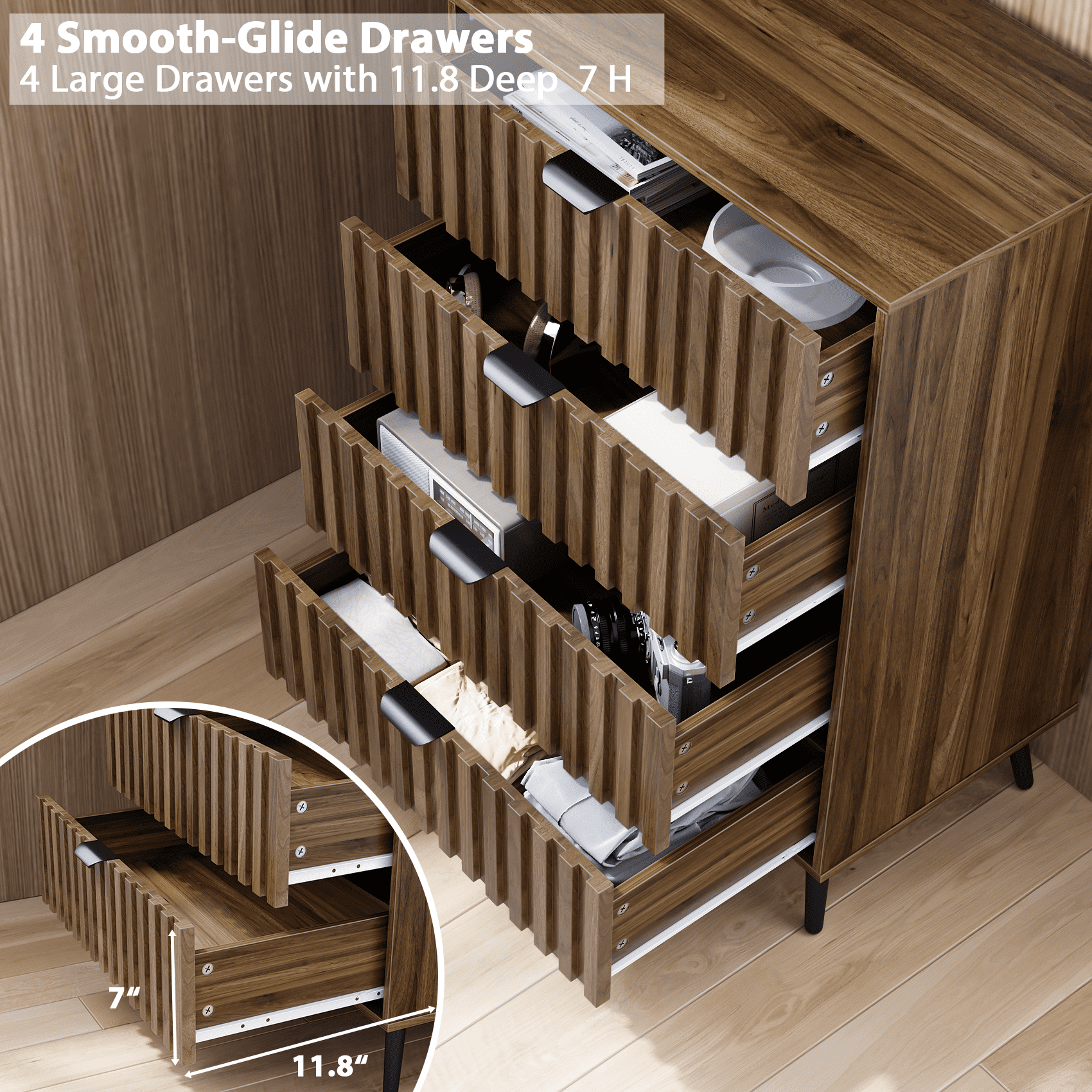 Semiocthome Dresser with 4 Fluted Drawers, Chest of Drawers Storage Cabinet, Walnut, Adult