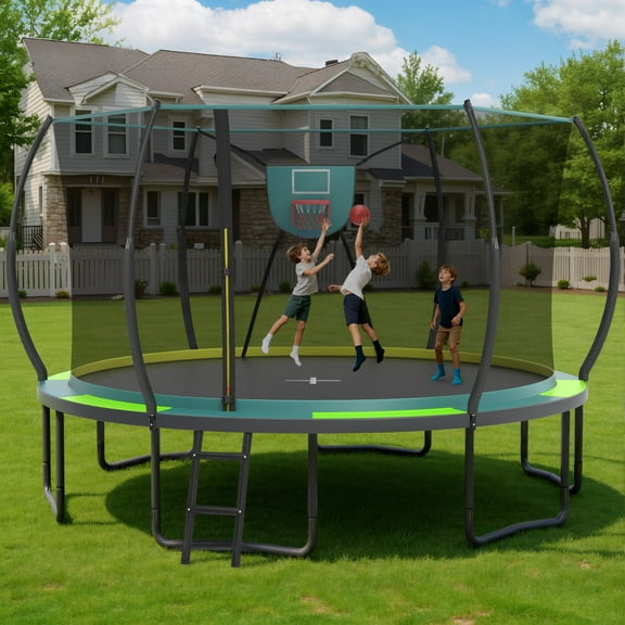 14FT Trampoline with Enclosure for Kids Adults, SEGMART Outdoor Pumpkin Round Recreational Trampoline with No-Gap Design, Heavy Duty Backyard Trampoline with Curved Fiberglass Pole for Indoor Outdoor